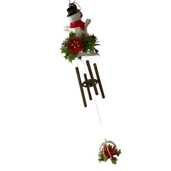 Vintage Plastic Snowman Wind Chime With Red Poinsettia & Bell Hanging Decoration - Picture 5 of 6